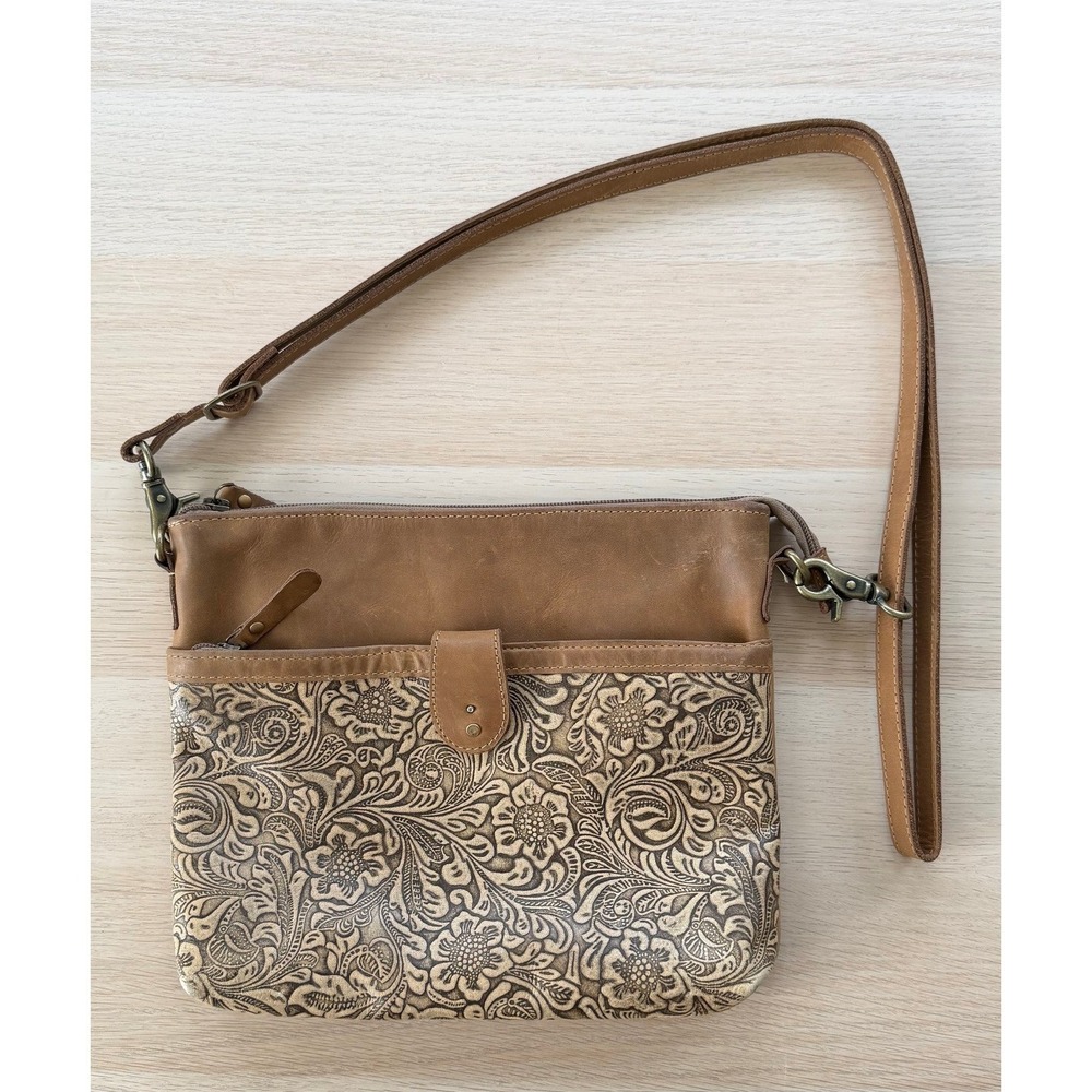 Myra Bag Brown Tooled Floral Embossed Leather Crossbody Shoulder Bag Distressed